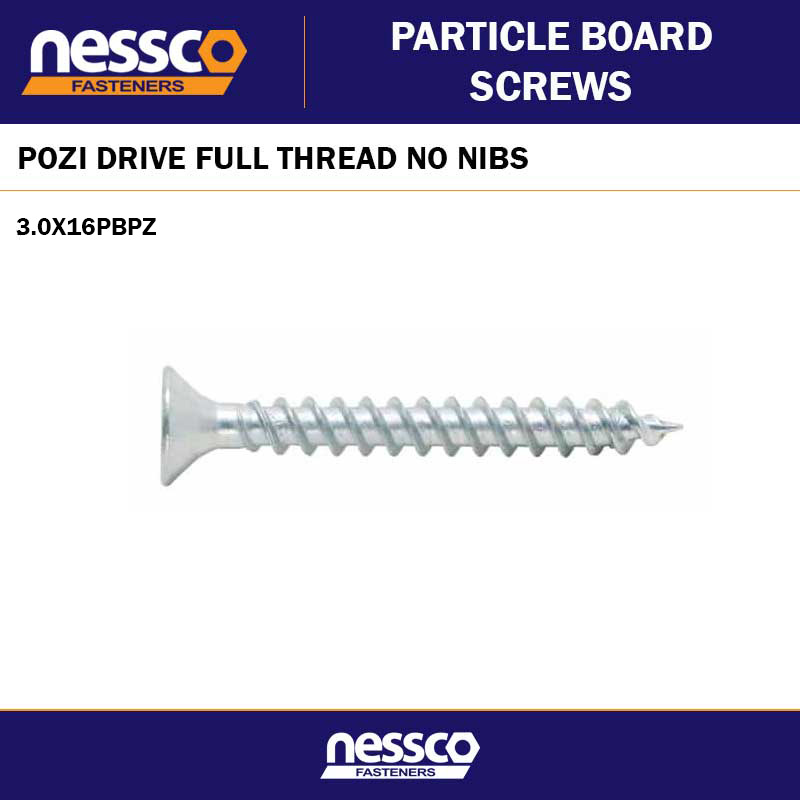 3.0 X 16MM ZINC PLATED POZI DRIVE PARTICLE BOARD SCREWS