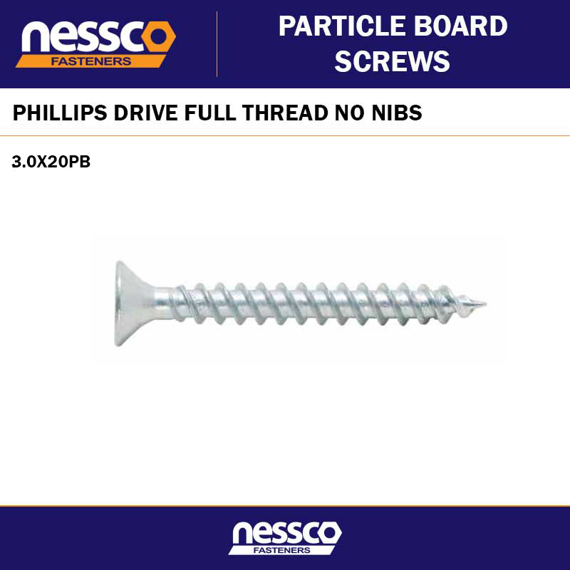 3.0 X 20MM ZINC PLATED PHILLIPS DRIVE PARTICLE BOARD SCREWS