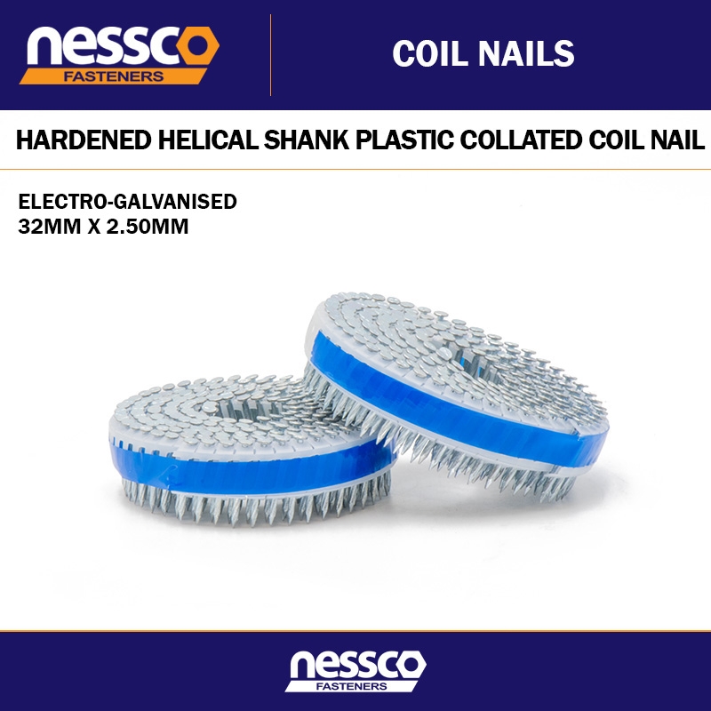 32MM X 2.50MM ELECTRO-GALVANISED HARDENED HELICAL SHANK PLASTIC COLLATED COIL NA