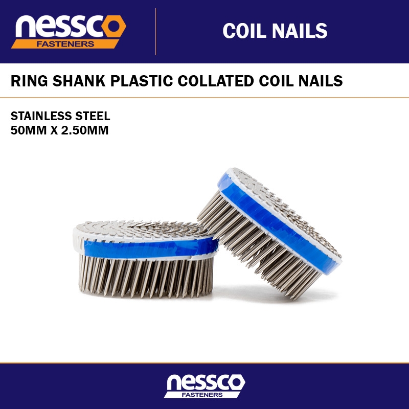 50MM X 2.50MM STAINLESS STEEL RING SHANK PLASTIC COLLATED COIL NAILS