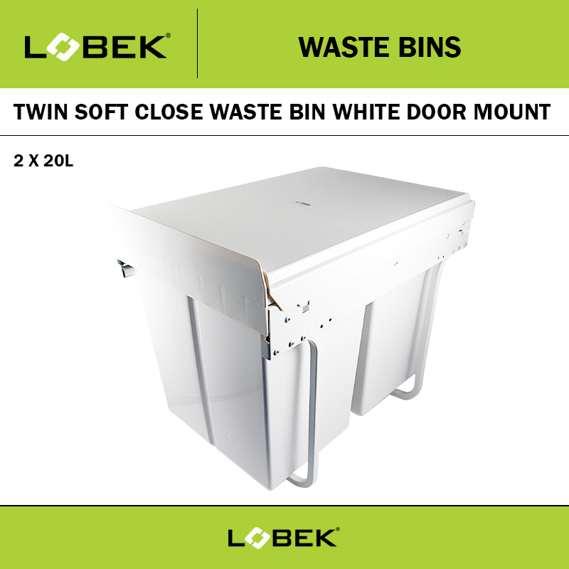 LOBEK TWIN  SOFT CLOSE WASTE BIN WHITE DOOR MOUNT - 2 X 20L