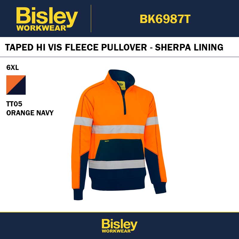 BISLEY BK6987T TAPED HI VIS 1/4 ZIP FLEECE PULLOVER WITH SHERPA LINING - ORANGE