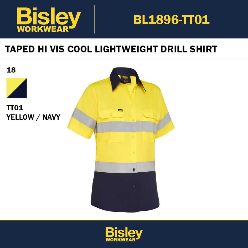 BISLEY BL1896 WOMENS TAPED HI VIS COOL LIGHTWEIGHT DRILL SHIRT - YELLOW NAVY - 1