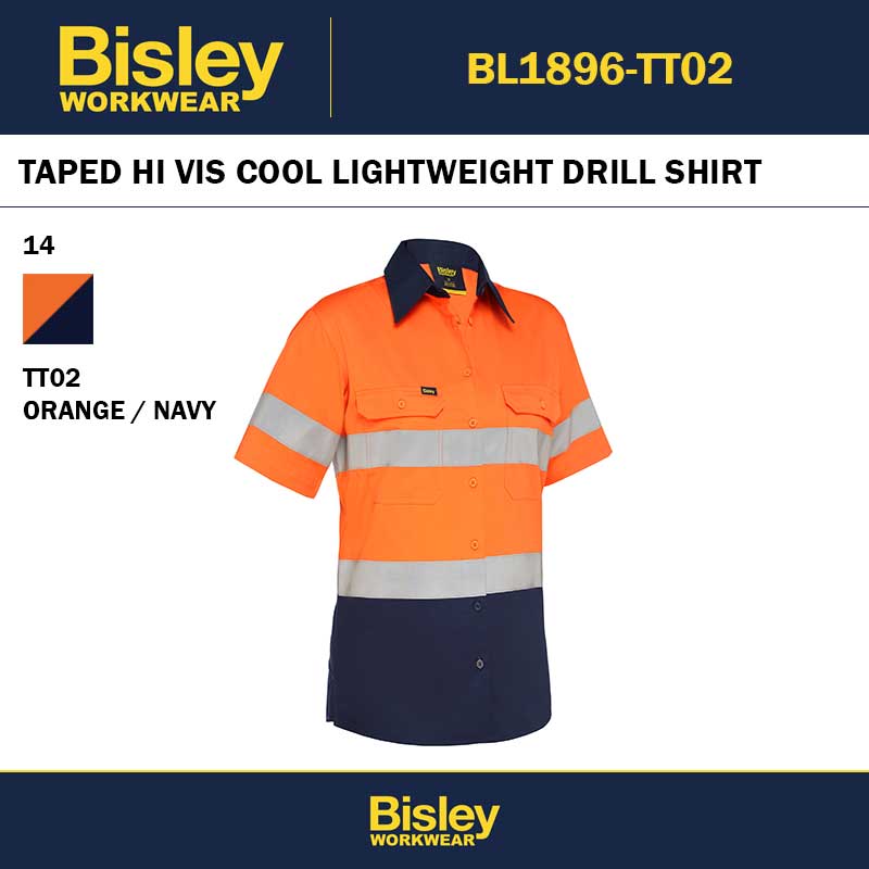 BISLEY BL1896 WOMENS TAPED HI VIS COOL LIGHTWEIGHT DRILL SHIRT - ORANGE NAVY - 1