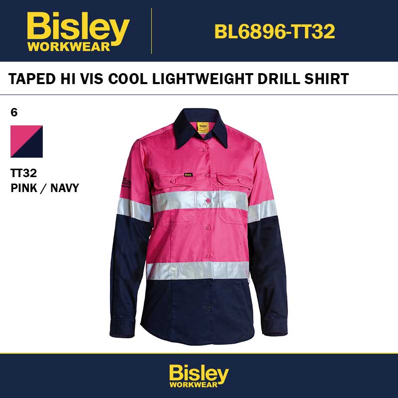 BISLEY BL6896 WOMENS TAPED HI VIS CLOSED FRONT COOL LIGHTWEIGHT SHIRT PINK NAVY