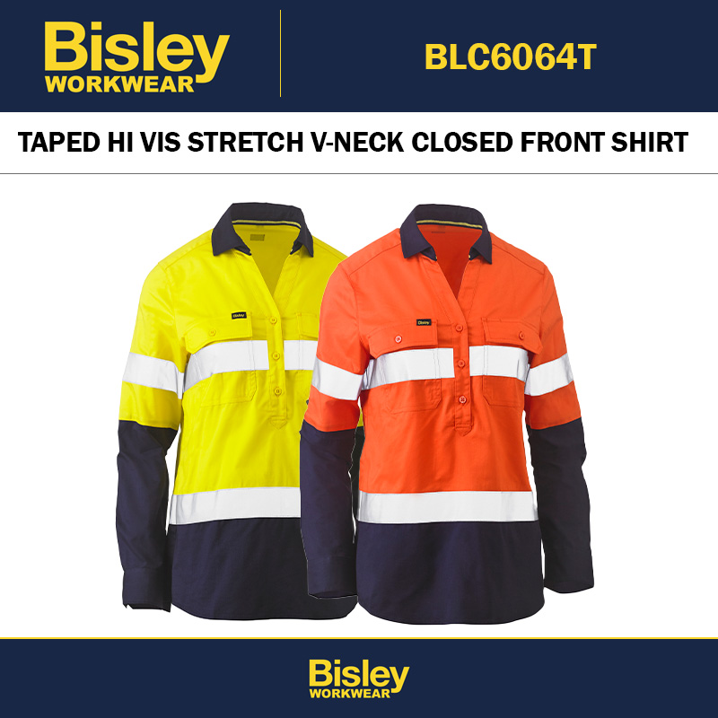 BISLEY BLC6064T WOMENS TAPED HI VIS STRETCH V-NECK CLOSED FRONT SHIRT