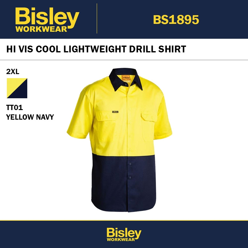 BISLEY BS1895 HI VIS COOL LIGHTWEIGHT DRILL SHIRT YELLOW NAVY - 2XL