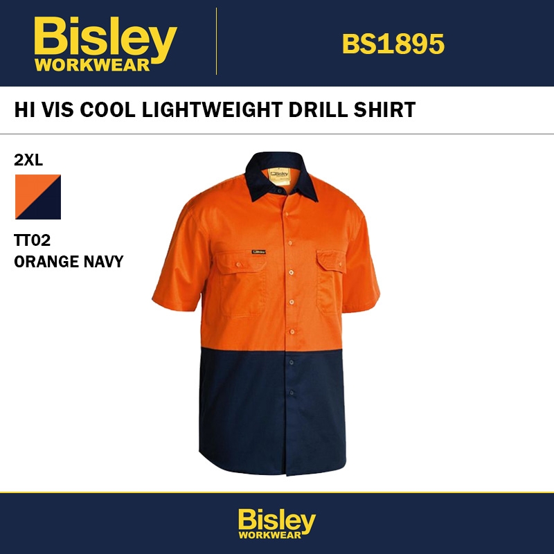 BISLEY BS1895 HI VIS COOL LIGHTWEIGHT DRILL SHIRT ORANGE NAVY - 2XL