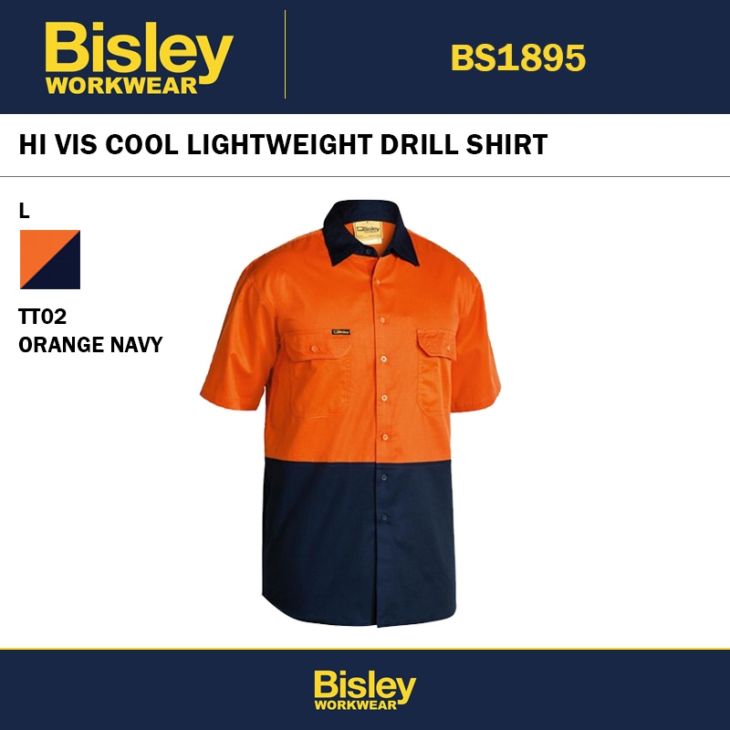 BISLEY BS1895 HI VIS COOL LIGHTWEIGHT DRILL SHIRT ORANGE NAVY - L