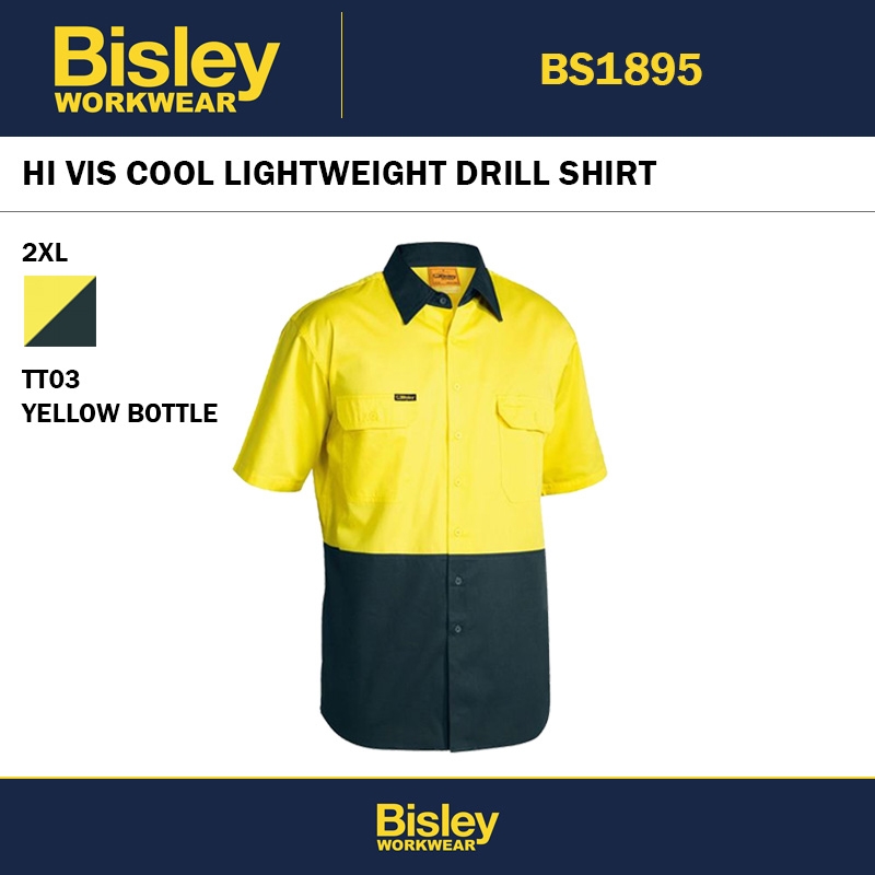 BISLEY BS1895 HI VIS COOL LIGHTWEIGHT DRILL SHIRT YELLOW BOTTLE - 2XL