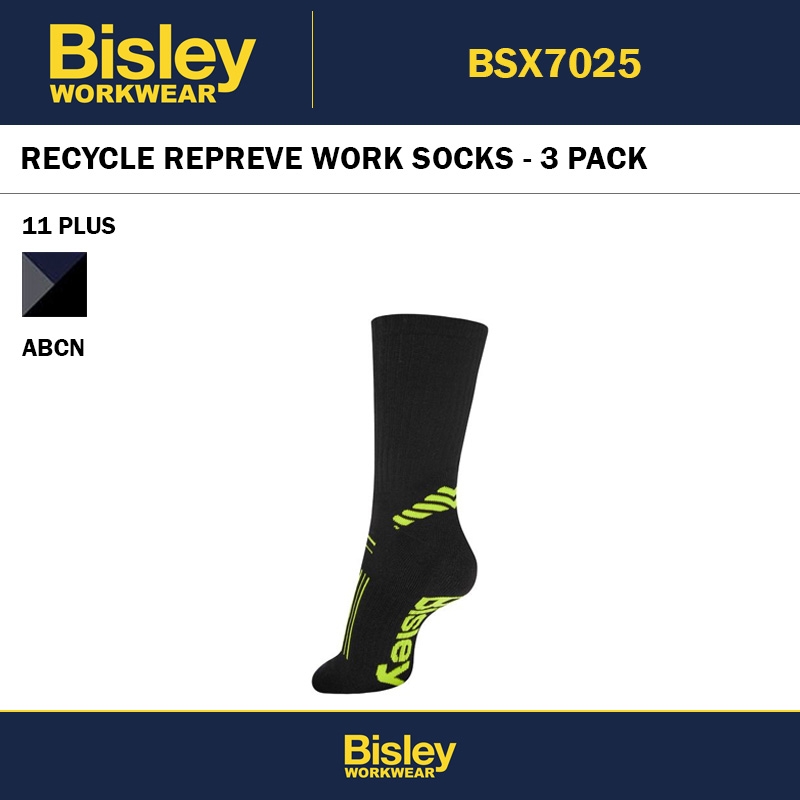 BISLEY RECYCLE REPREVE WORK SOCKS - 3 PACK - SIZE 11 PLUS