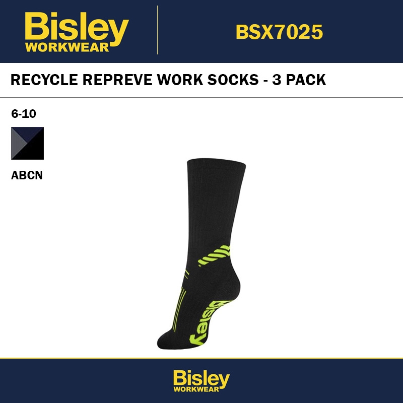 BISLEY RECYCLE REPREVE WORK SOCKS - 3 PACK - SIZE 6 - 10