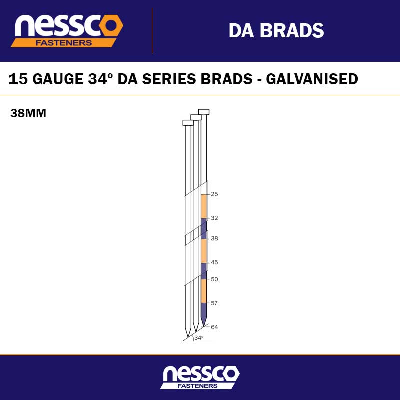 15G x 38MM 34 DEGREE ELECTRO-PLATED DA SERIES BRADS - 3000 PACK