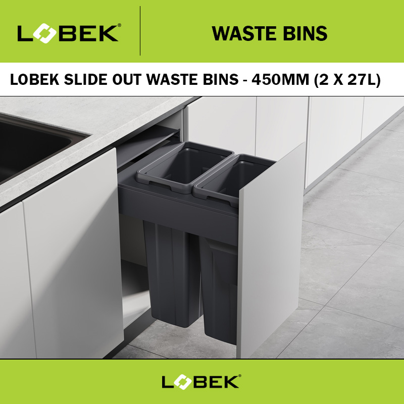 LOBEK WASTE BIN KIT 54L (2 X 27L) PULL OUT GREY SUIT 450MM WITH DRAWER