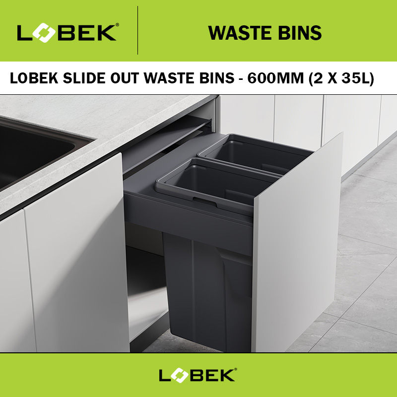 LOBEK WASTE BIN KIT 70L (2 X 35L) PULL OUT GREY SUIT 600MM WITH DRAWER