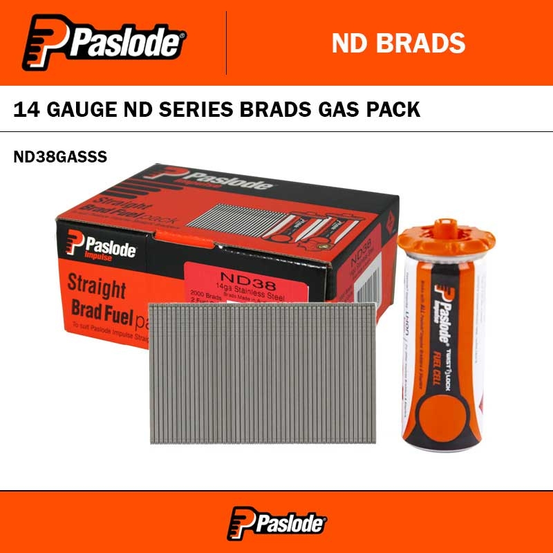 PASLODE ND SERIES BRAD 38MM X 14G STAINLESS STEEL GAS PACK