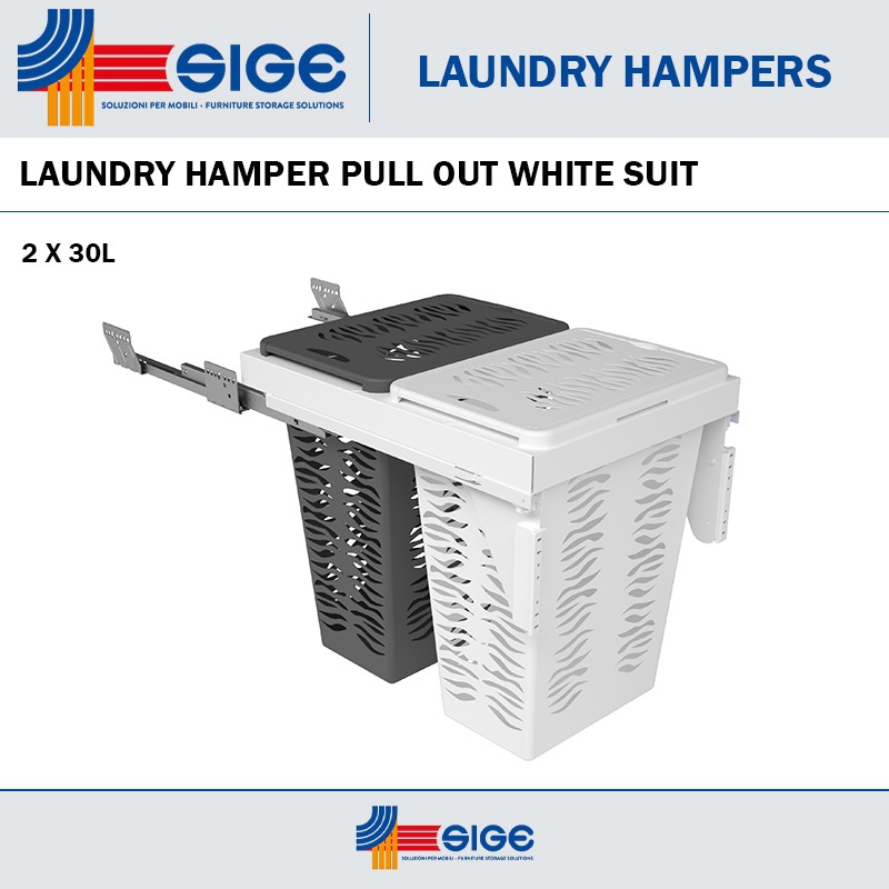 LAUNDRY HAMPER 2 X 30L PULL OUT WHITE SUIT 450MM