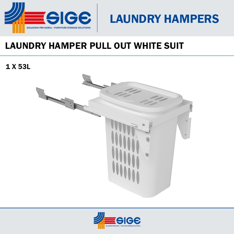 LAUNDRY HAMPER 1 X 53L PULL OUT WHITE SUIT 450MM