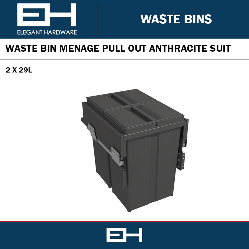 WASTE BIN MENAGE E CONFORT SINGLE 2 X 29L PULL OUT ANTHRACITE SUIT 400MM