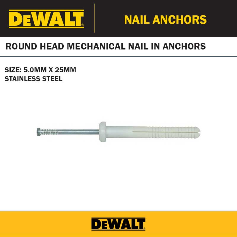 5.0MM X 25MM ROUND HEAD NYLON NAIL IN ANCHOR - STAINLESS