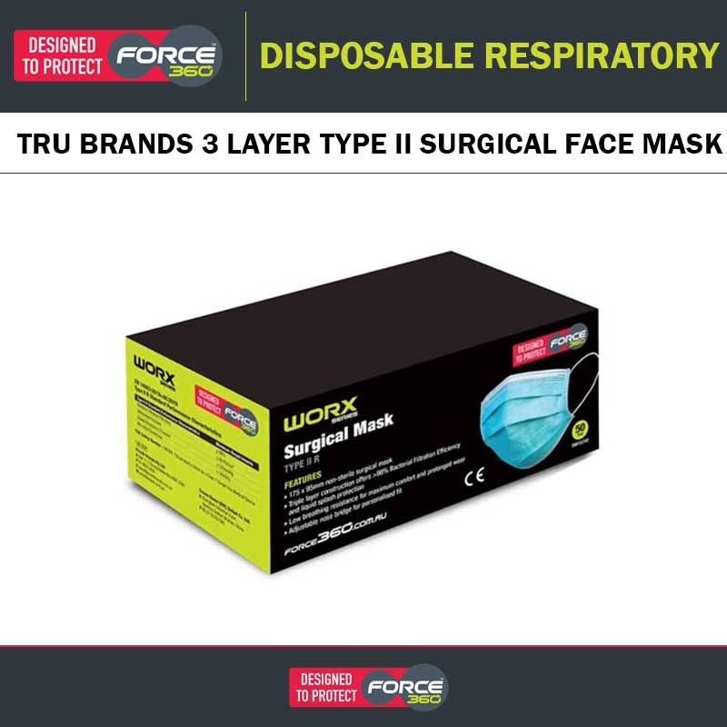 TRU BRANDS 3 LAYER TYPE II SURGICAL FACE MASK- 50 PACK