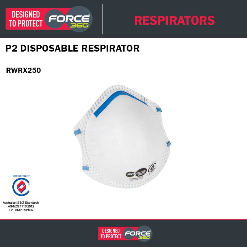 FORCE360 WORX250 P2 DISPOSABLE RESPIRATOR - 20 PACK