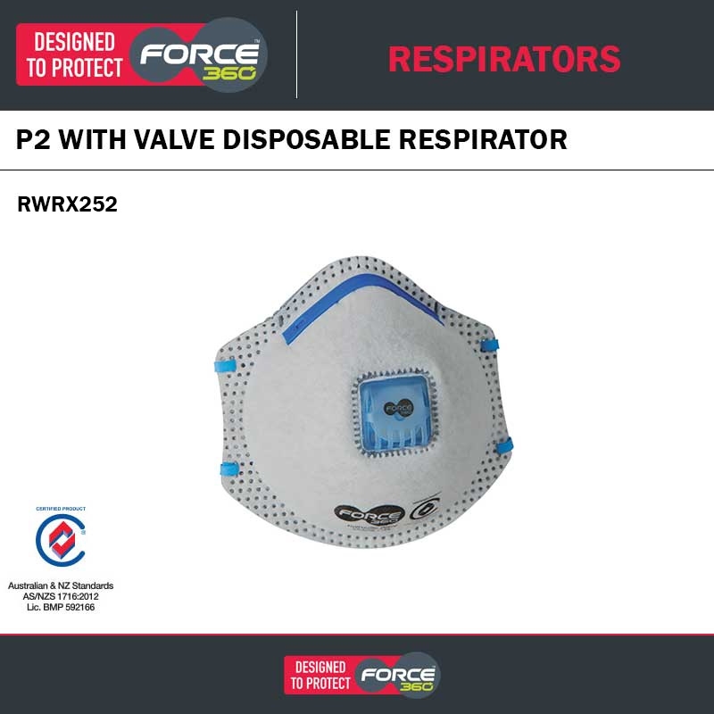 FORCE360 WORX252 P2CV CARBON DISPOSABLE RESPIRATOR - 10 PACK