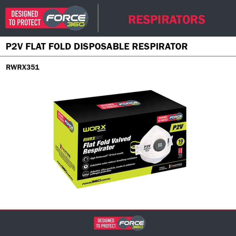 FORCE360 WORX351 P2V FLAT FOLD DISPOSABLE RESPIRATOR - 10 PACK