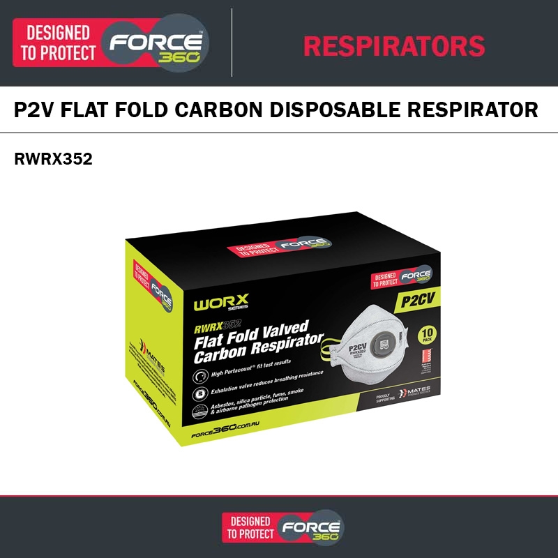 FORCE360 WORX352 P2V FLAT FOLD CARBON DISPOSABLE RESPIRATOR - 10 PACK