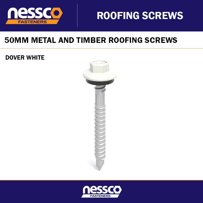 SELF DRILLING ROOF ZIP HEX SCREWS M6-11 X 50MM CLASS 4 NEO DOVER WHITE F304-DW