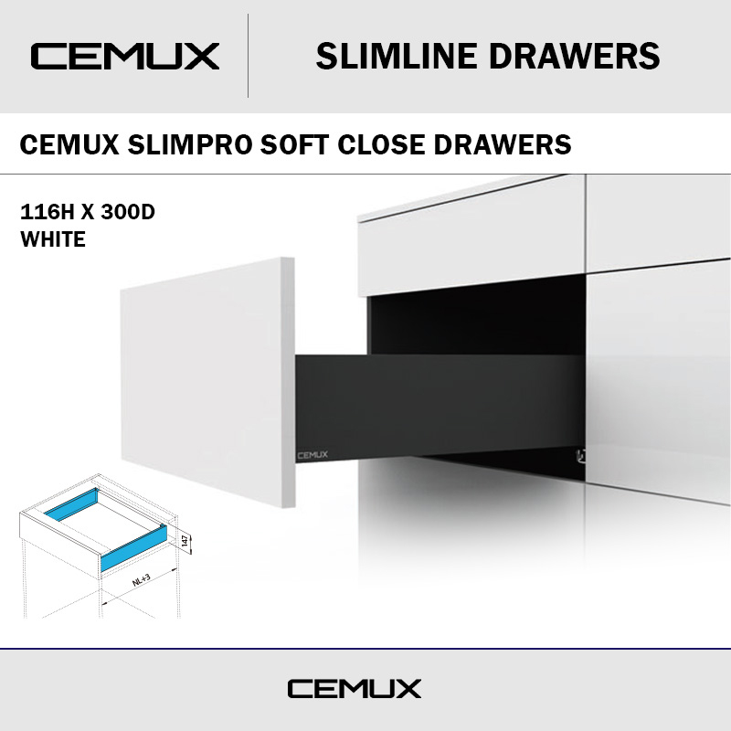 CEMUX SLIMPRO 116H X 300D SOFT CLOSE DRAWER WHITE