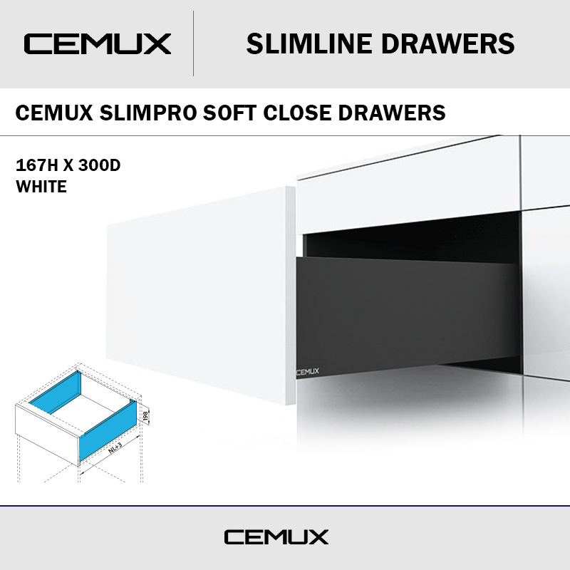 CEMUX SLIMPRO 167H X 300D SOFT CLOSE DRAWER WHITE