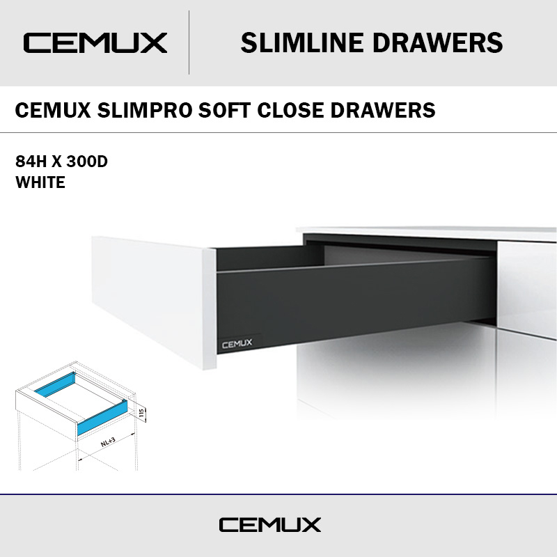 CEMUX SLIMPRO 84H X 300D SOFT CLOSE DRAWER WHITE