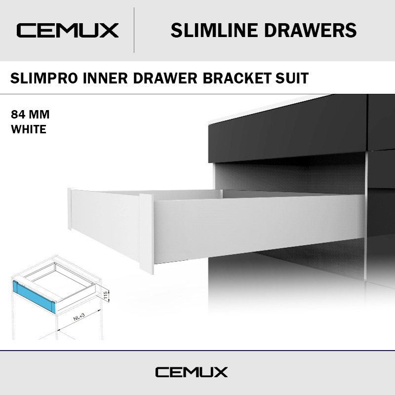 CEMUX SLIMPRO INNER DRAWER BRACKET SUIT 84MM WHITE